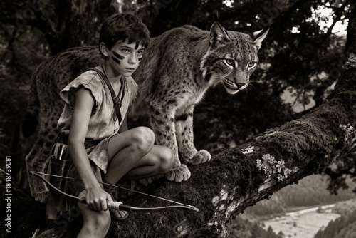 A feral boy with a bow and his lynx companion watch from a tree. A timeless, monochrome concept of wilderness, friendship, and survival.