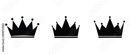 Royal crown icons set. Black king and queen crown silhouettes in minimal flat style. Luxury, achievement and authority symbols for logo, branding, and badge design