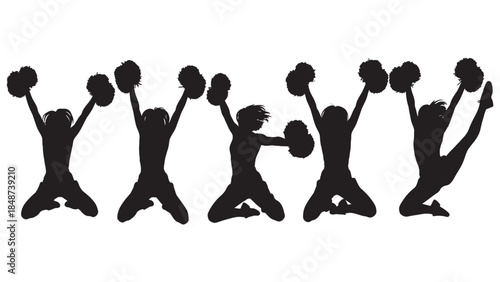 A silhouette vector graphic of a group of five cheerleaders jumping and celebrating