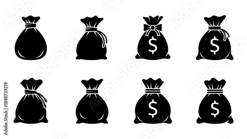 A collection of black silhouette icons representing different styles of money bags