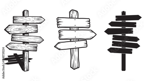 A set of three styles of blank wooden signposts with multiple directional arrows
