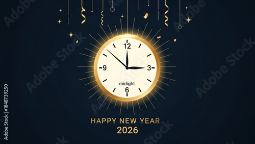 Happy new year 2026 midnight clock striking twelve with gold confetti and stars on dark background