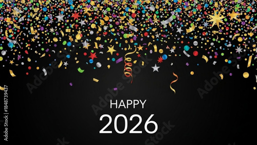 Colorful confetti and stars falling on black background with happy 2026 text for new year's celebration
