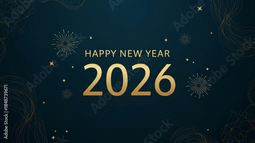 Happy new year 2026 gold text with fireworks on dark blue background with sparkles and stars