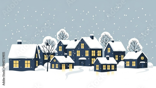 Snowy village scene with dark blue houses and glowing yellow windows on a gray snowy day with bare trees