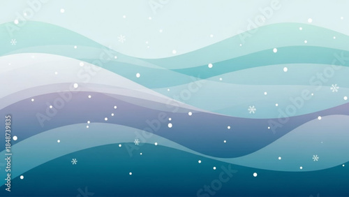 Winter background with wavy blue and white hills and snowflakes falling gently