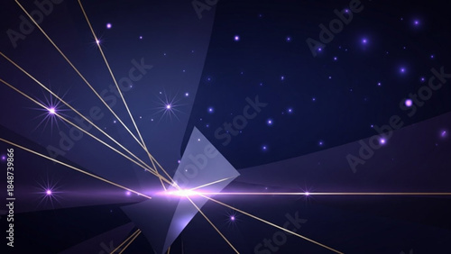 Vibrant purple laser beams radiate from a glowing crystal prism set against a stunning starry night sky background with scattered stars and a dark blue hue