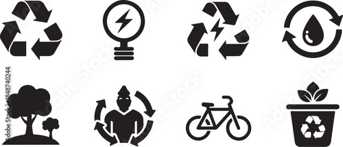 Eight black icons for green living and ecology