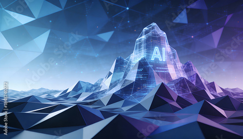 Futuristic Mountain Landscape with AI Theme and Geometric Abstract Design in Blue and Purple Tones