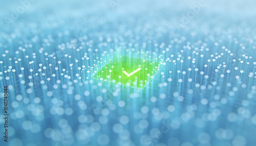 Abstract positive confirmation concept with check mark symbol in vibrant digital background filled with glowing spheres and particles