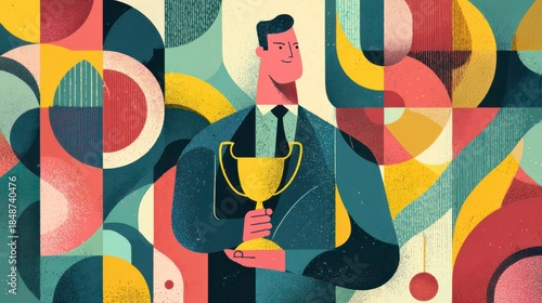 Triumphant Leader Holding Trophy: A distinguished leader stands tall, his gaze fixed on the horizon, clutching a golden trophy as a symbol of accomplishment and the culmination of dedicated effort.