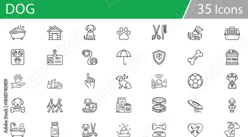 Dog care and pet grooming icons set, veterinary tools, training, feeding, hygiene, protection, recreation, vector illustration