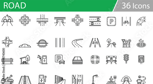 Grid of 40 black line icons for roads, transportation, and infrastructure, ideal for urban planning vector illustration content