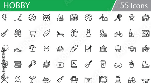 Grid of 56 black line icons for lifestyle, leisure, and entertainment, ideal for recreational vector illustration content