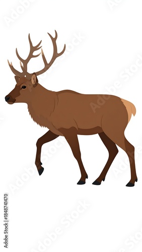 Digitally rendered elk, walking with antlers against white background