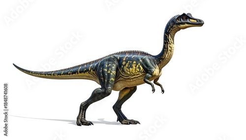Digitally rendered illustration of a theropod dinosaur against white background