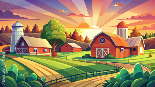 Very beautiful tranquil rural scene at sunset, featuring farm buildings, silos, green fields, and a rustic wooden fence, capturing peaceful countryside life under warm evening light.