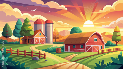 Very beautiful tranquil rural scene at sunset, featuring farm buildings, silos, green fields, and a rustic wooden fence, capturing peaceful countryside life under warm evening light.
