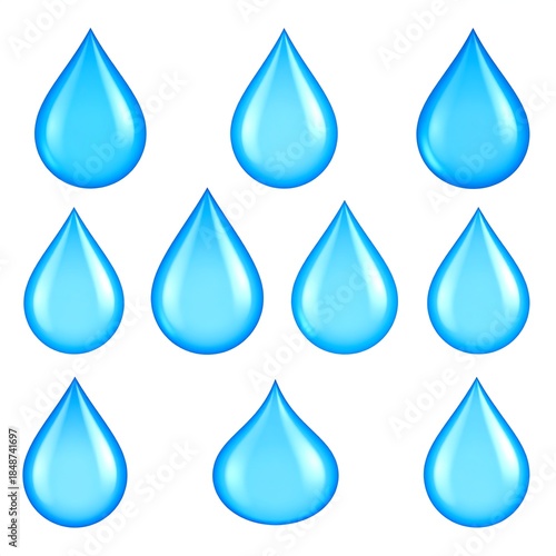 Digitally rendered illustration of twelve stylized blue water droplets