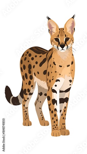 Digitized illustration of a tall, spotted African wild cat facing viewer