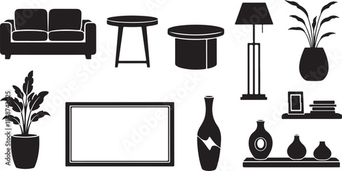 Black silhouette home decor furniture and plants icons