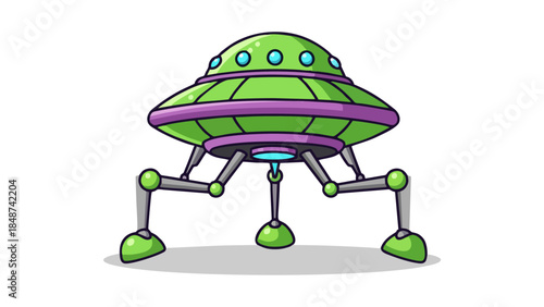 Green Retro Sci Fi Flying Saucer Spaceship with Legs Cartoon UFO Alien Vehicle Illustration