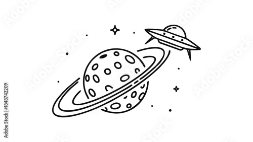 Whimsical Line Art UFO Flying Around Ringed Planet in Cosmic Galaxy