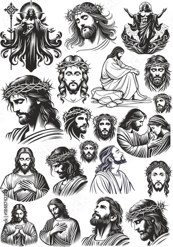 Set of Jesus Christ Vector Portraits and Religious Icons, Sacred Heart and Crown of Thorns Illustrations for Christian Branding, Church Graphics, and T-Shirt Design