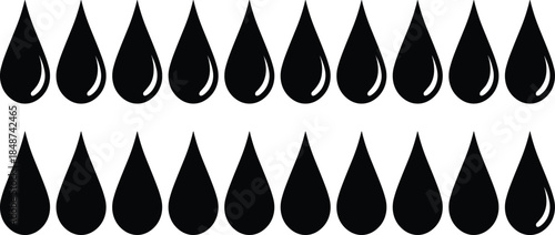 Black vector silhouette collection of water drops and rain droplets with gloss reflections isolated on white background for liquid design elements.