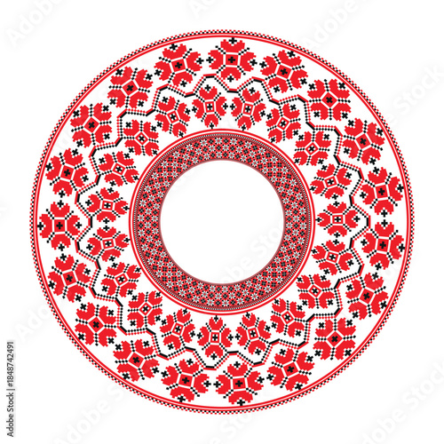 Round frame with floral pattern in slavic ethnic style. Traditional folk embroidery frame. Ukrainian, Belarusian, Bulgarian, Slavic embroidery. Folklore. For embroidery, plate. Cross stitch patterns. 