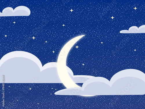 Cute night sky illustration with crescent moon, stars, and clouds. Dreamy cartoon background perfect for bedtime themes, kids content, fantasy design, and storytelling.