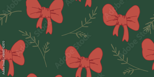 Festive Red Bows and Pine Needles Holiday Pattern