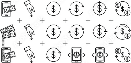 Business Finance Icon Set Featuring Mobile Payment Money Transfer Currency Exchange Dollar Symbols Banking Transactions Online Trading Investment and Financial Services