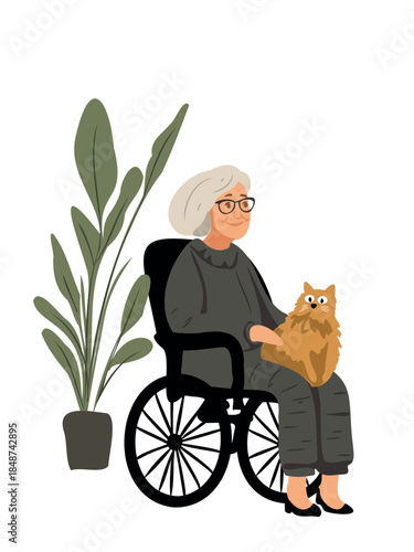 joyful senior adult on powered wheelchair with cat