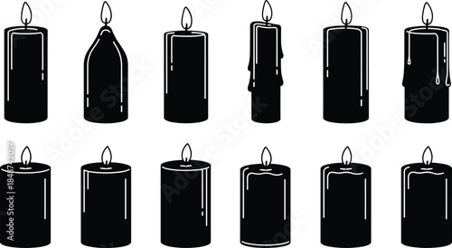 Candle silhouettes collection isolated on white background, burning wax candles with flame for religion, memorial, decoration, illustration design projects