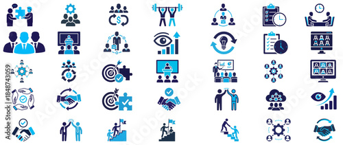 Clean corporate silhouette icon set in blue tones. Minimal solid vectors ideal for management, HR workflows, and professional graphics.