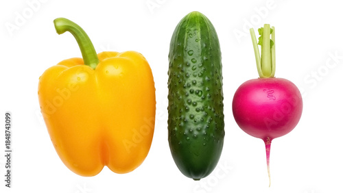 Fresh yellow bell pepper, cucumber, and radish isolated PNG, vibrant vegetables on transparent background for healthy eating and cooking concepts