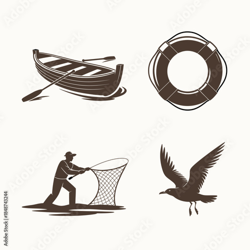 Ocean adventure silhouette set with rowboat, life buoy, male fisherman casting net, and seagull in flight. Vector illustration.