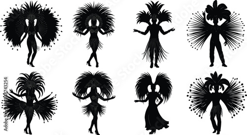Carnival dancer silhouette set isolated on white background, samba showgirls with feather costumes, Brazilian festival celebration, elegant vector illustration