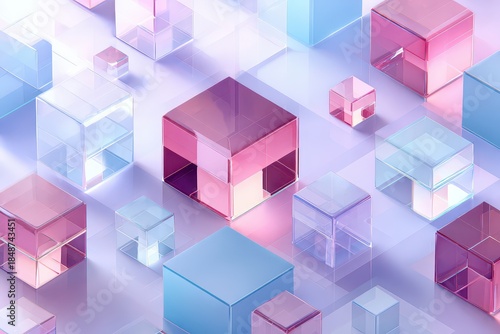 Abstract Geometric Arrangement Of Translucent Cubes In Soft Pink And Blue Hues With Subtle Lighting