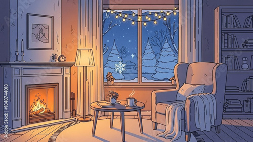 Cozy living room interior with warm fireplace, comfortable armchair, and snowy night view through large window with string lights, bookshelf, and soft lamp light