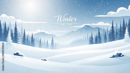 Winter landscape with snow covered trees and mountains under a blue sky with clouds and sun