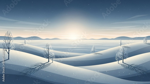 Serene winter landscape with snow covered hills and trees at sunrise or sunset with mountains in background and clear blue sky
