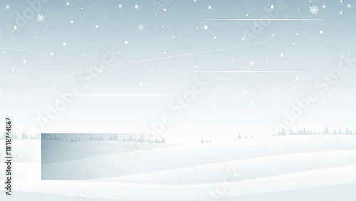 Winter landscape with snowy field and forest under snowfall, serene and peaceful scene with blue sky and white snowflakes, cold weather background