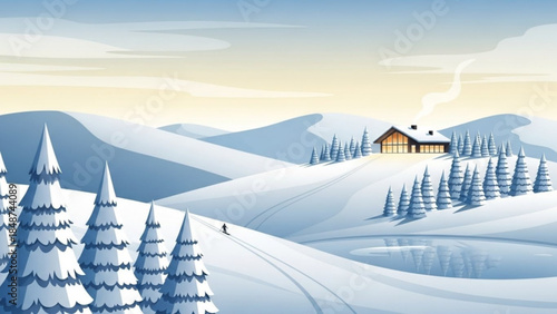 A serene winter landscape with a snow covered house and trees, a skier in the distance, on a sunny day with rolling hills and a frozen lake