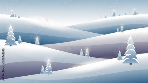Snowy landscape with rolling hills and evergreen trees in winter scenery, serene nature background with snow covered pine trees
