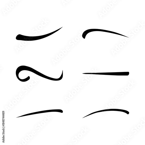 Set of six black brushstroke shapes, abstract vector strokes for calligraphy and design