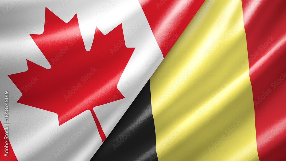 Fototapeta premium Canada and Belgium two national flags filling the entire frame, close-up view, edge-to-edge composition