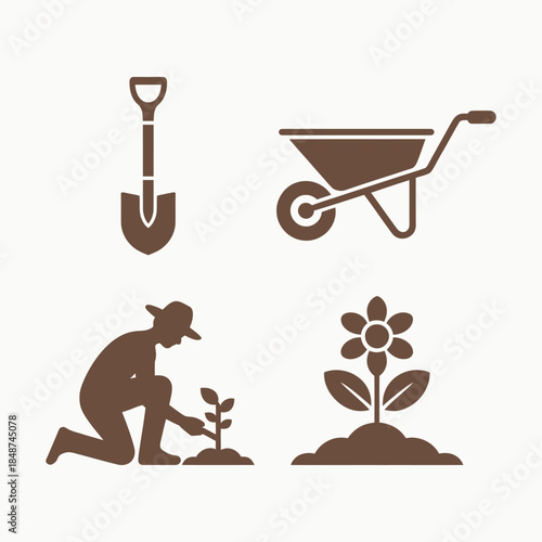 Gardening silhouette set with shovel, wheelbarrow, gardener planting, and flower growing from soil vector illustration