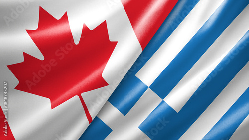 Canada and Greece two national flags filling the entire frame, close-up view, edge-to-edge composition